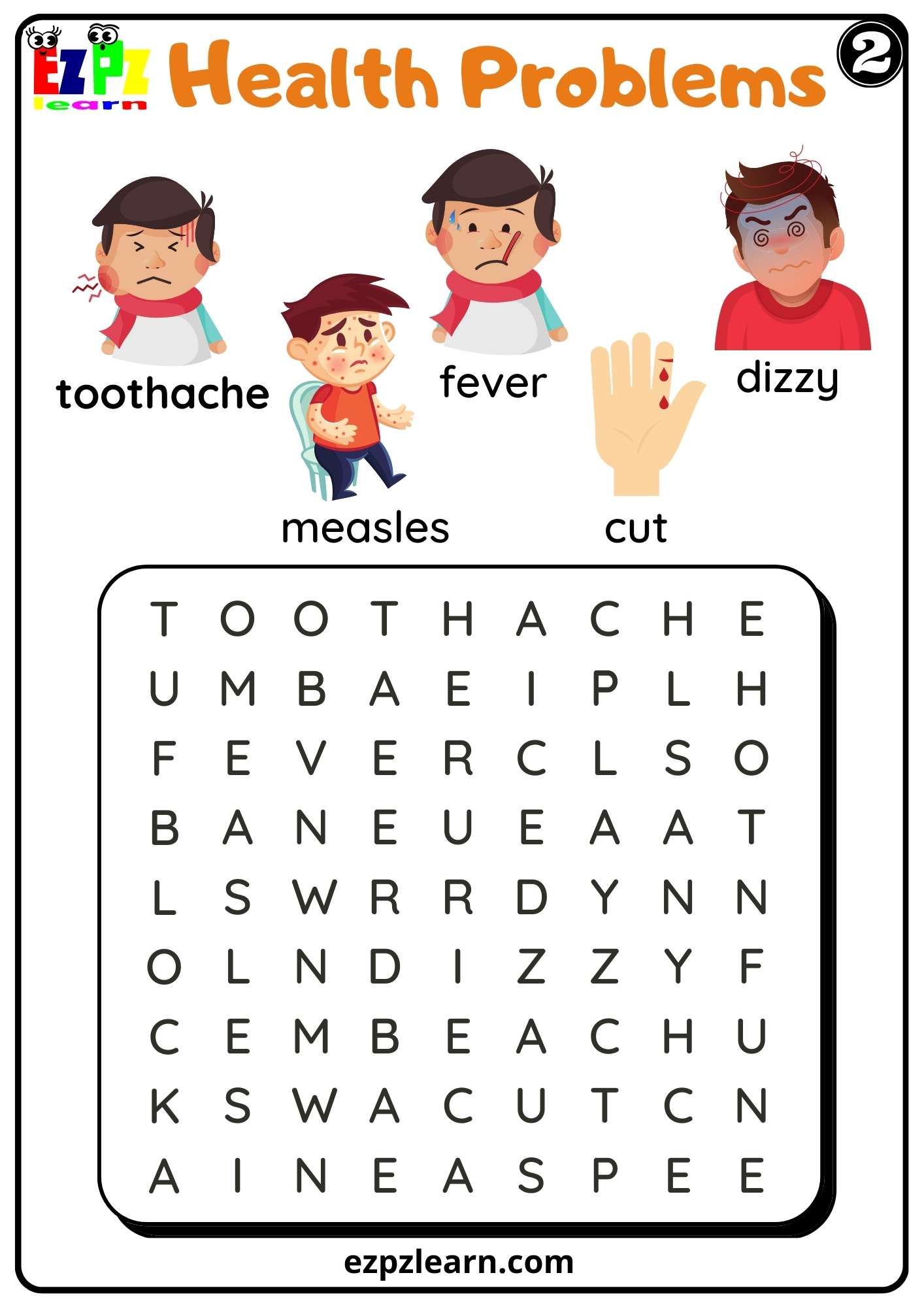 Health Problems Word Search Worksheet for K5 Kids and ESL Students Free PDF Download Set 2